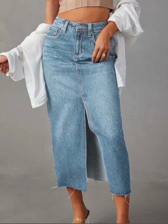 Nonebranded Denim - Light Blue High-Rise Denim Midi Skirt with Front Slit - Women Jeans